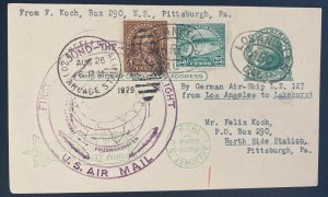 1929 Los Angeles CA USA LZ 127 Graf Zeppelin Round Flight Uprated Postcard cover