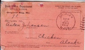 1914, Registry Return Receipt, Shirley, MA to Chicken, AK (38163)