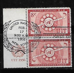 United Nations New York UNO 1956 Honoring ITU Sc 42 Block of 2 Used A1080