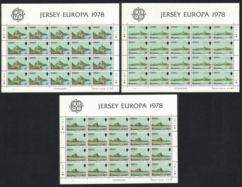 Jersey Europa CEPT 1978 Monuments Castles 3v Full Sheets D2 SG#187-189