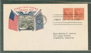 US 815 1938 10c John Tyler (presidential/prexy series) pair on an addressed (typed) first day cover with a Fidelity cachet.