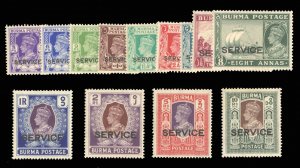 Burma #O15-27 Cat$224.15, 1939 Officials, complete set, lightly hinged, 10r w...