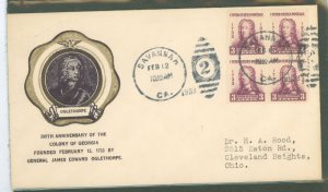 US 726 1933 3c founding the georgia colony, oglethorpe single on an addressed fdc with a rice cachet