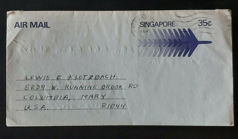 1977 Singapore to Columbia Maryland USA Aerogramme Folded Letter Airmail Cover