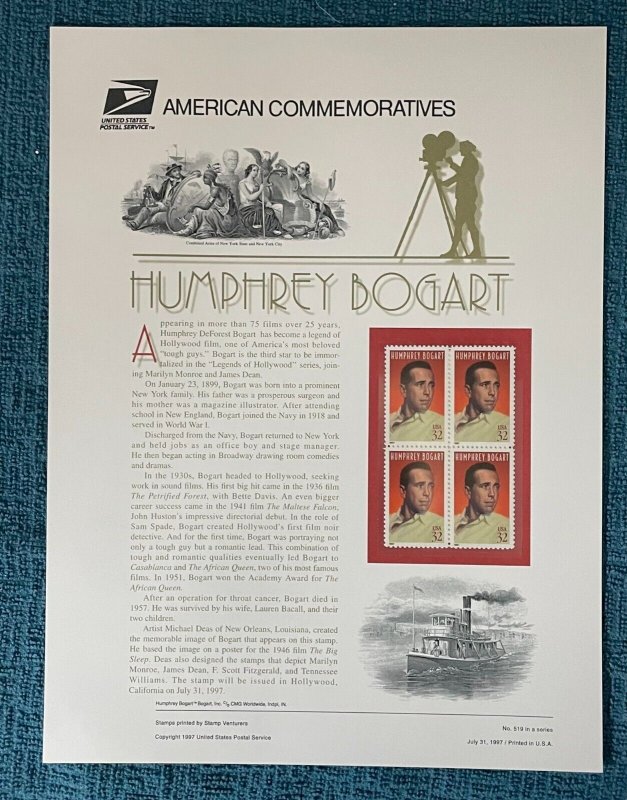 USPS Commemorative Panel CP523, 32c Humphrey Bogart, Scott #3152