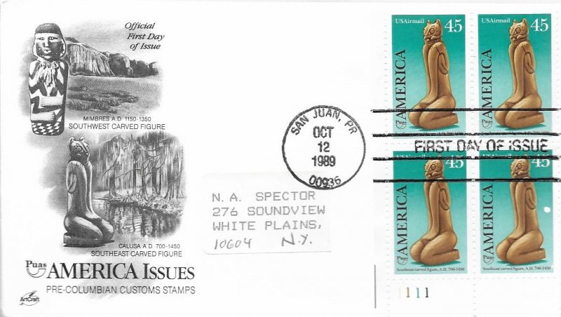 1989 Air Mail FDC, #C120, 45c America, Art Craft, block of 4