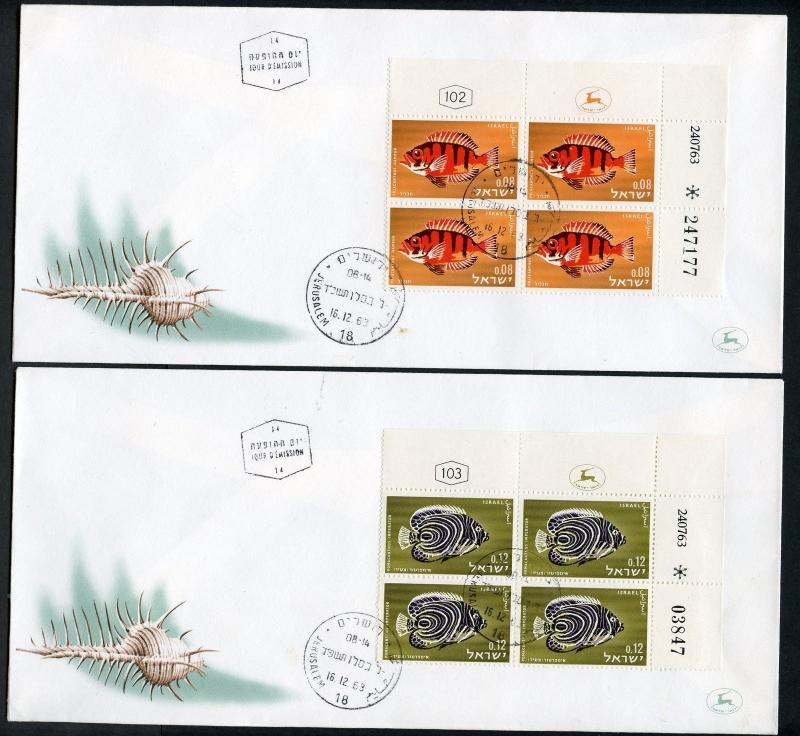 ISRAEL SCOTT#246/49 FISH  PLATE BLOCKS ON  FIRST DAY COVERS