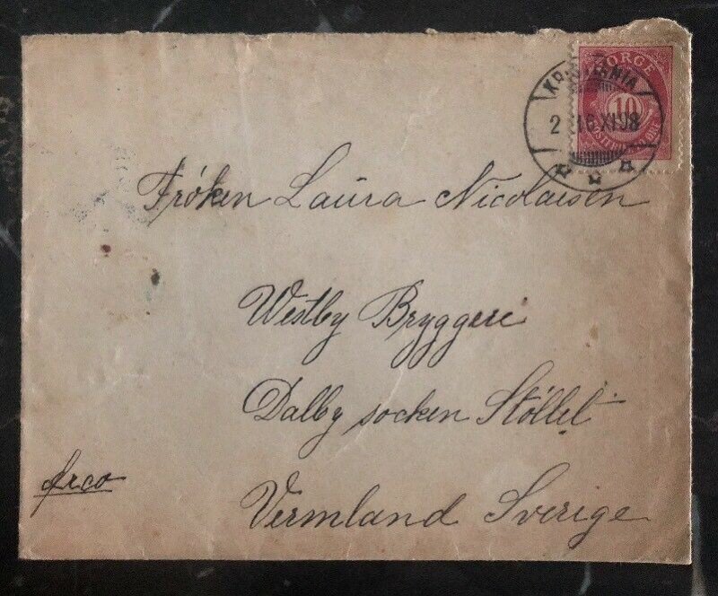 1898 Kristiania Oslo Norway Vintage Cover To Värmland Sweden