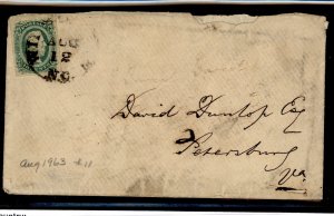 Confederate States 11c Greenish blue on cover, no enclosure to David Dunlop in Petersburg