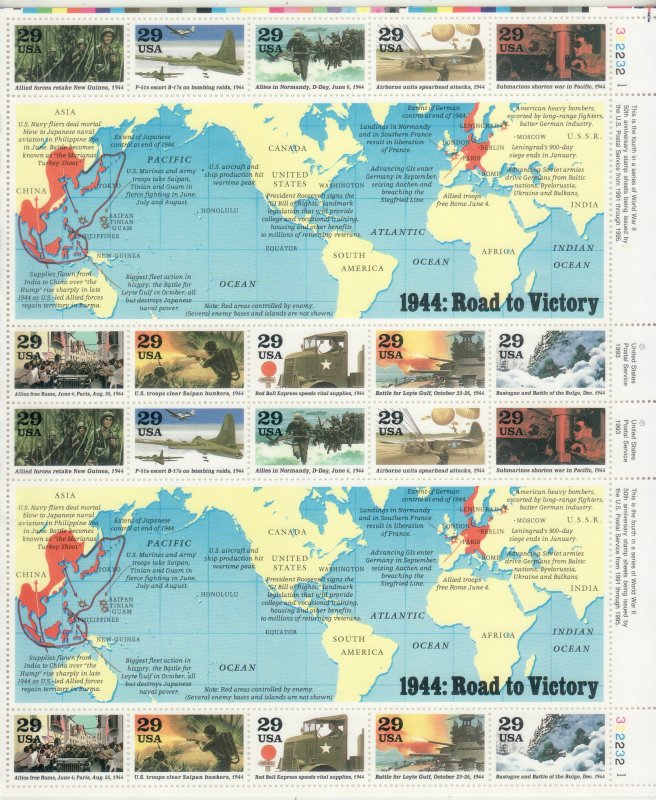 1994 U.S 29¢ 1944: Road to Victory WWII complete sheet of twenty MNH Sc# 2838