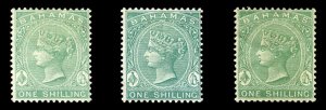 Bahamas #19, 22-23, 188-82 1sh green, three different, hinged