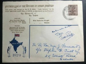 1929 Dum Dum Joan Page Pilot Steven Smith Signed India Airmail Cover to Calcutta