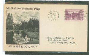 US 742 1934 3c Mt. Rainier Nat'l Park (part of the Nat'l Parks series) on an addressed (typed) FDC with a See...