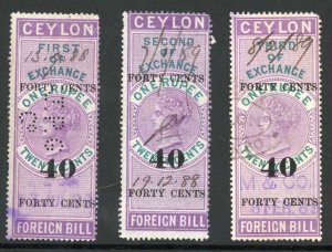 Ceylon Foreign Bill BF58 40c on 1R20 Violet and Green 1st 2nd and 3rd Exchange