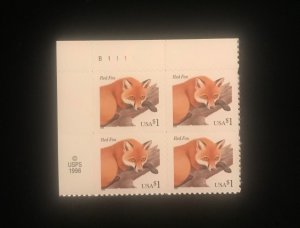 3036 UL Plate Block of 4, MNH, $1 Red Fox