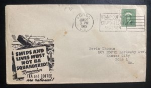 1945 Sorel Canada Patriotic Cover To Kansas City MO USA Tea & Coffee Rationed