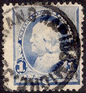 US Stamp #219 1c Blue Franklin USED SCV $.75. Great Cancel