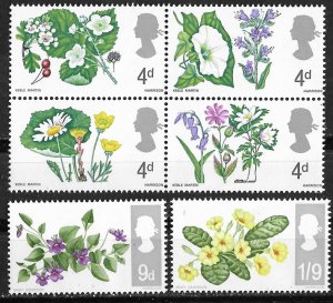 Great Britain # 488-93  Flowers set with block/4  se-tenant    (6) Mint NH