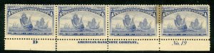 USA 1893 Columbian 4¢ Columbus Plate # Strip of 4 Scott # 233 Mint D82