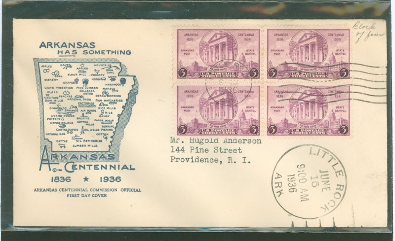 US 782 1936 3c Arkansas Centennial (block of four) on a first day cover addressed (typed) with a centennial commission cachet.