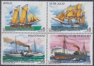 URUGUAY Sc #1727a-d CPL MNH BLOCK of 4 DIFF  - SAILING SHIPS
