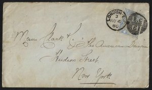 UK GB TO US 1880 2 1/2 BLUE SG 142 PLATE 18 TIED LONDON TO NEW YORK PAID ON BACK