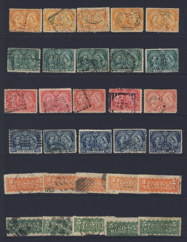 30x Canada stamps; 20x Jubilees 1c-2c,3c,5c, 10x Registered 5x 2c-5c GV $235.00