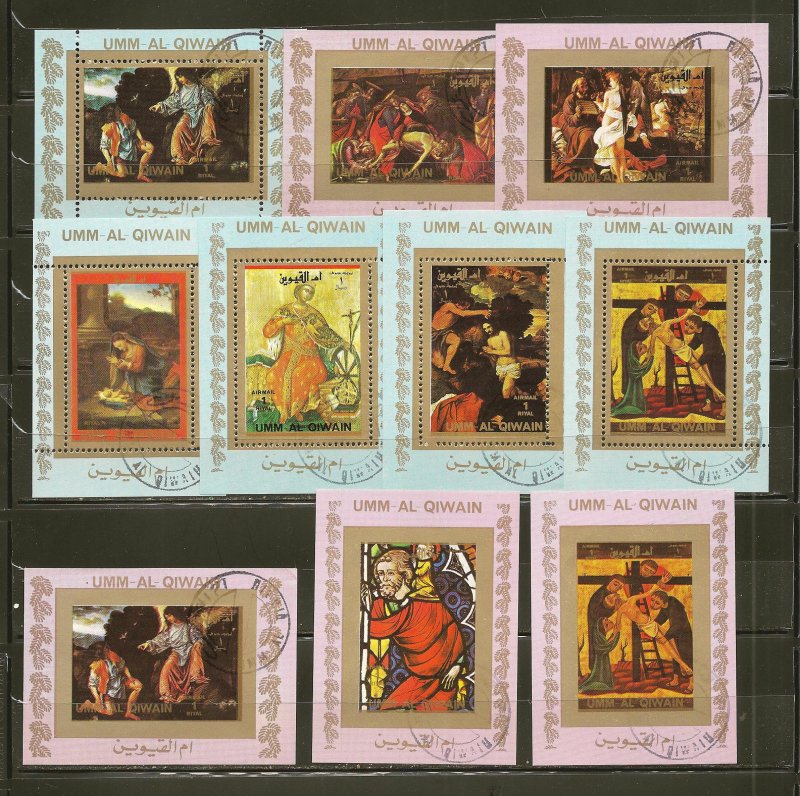 Umm al Qiwain Collection of 10 Different 1970's Christian Art Souvenir Sheet CTO