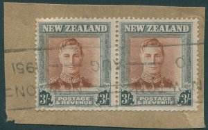 New Zealand 1947 3s red-brown & grey SG689 used pair on piece