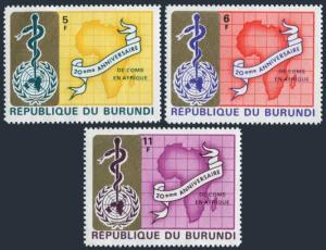 Burundi 269-271 & imperf,MNH.Mi 466-468. WHO in Africa,20th Ann.1969.Emblem,Map.