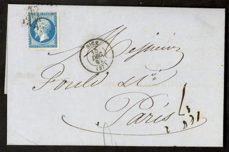 FRANCE 1862 20c EMPIRE NAPOLEON Sc 26 on ENTIRE from Nice to Paris Cover