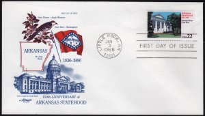 SC#2167 22¢ Arkansas Statehood FDC: Artmaster (1986) Unaddressed