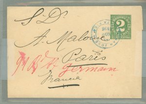 Costa Rica  1896 2c green wrapper, used from San Jose; merchant rubber stamp on reverse.