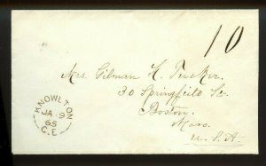 KNOWLTON, C.E. split ring, 10 due to USA, 1865 stampless cover Canada