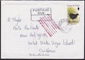 TRISTAN DA CUNHA 1997 Postage Due cover returned from Virgin Is.............6066