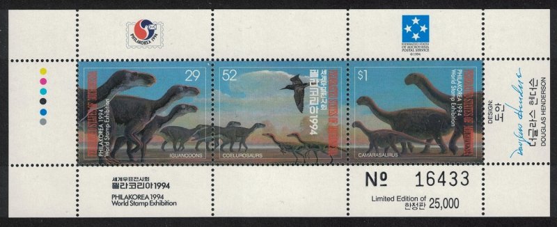 Micronesia Dinosaurs Prehistoric Animals 3v Sheetlet 1994 MNH SG#392-394