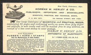 USA UX9 POSTAL CARD NEW YORK NORMAN HENLEY SCIENCE PUBLISHERS ADVERTISING 1891