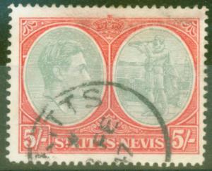 ST KITTS NEVIS 1943 5S gris-vert & écarlate sg77ae BREAK en ovale at gauche