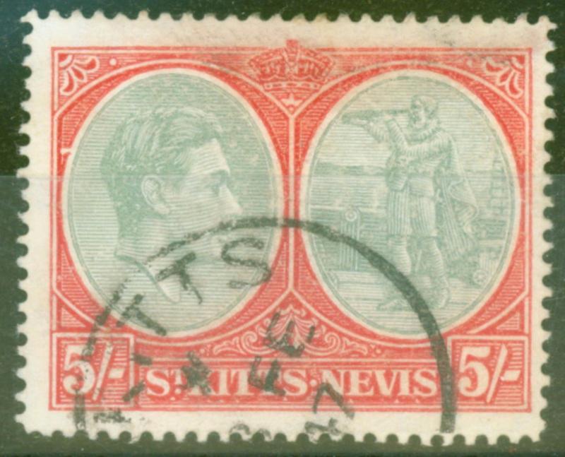 St Kitts Nevis 1943 5s Grey-Green & Scarlet SG77ae Break in Oval at Left