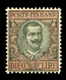 Italy #114var, 1910 10L gray green and red brown, Poste Italiane incomplete...