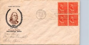 FDC 1938 SC #803 Presidential Series - Philadelphia PA - Block Of 4  - J603