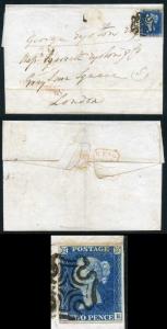 1840 Two Pence Blue on Cover Four Margins London Broken Points Cross