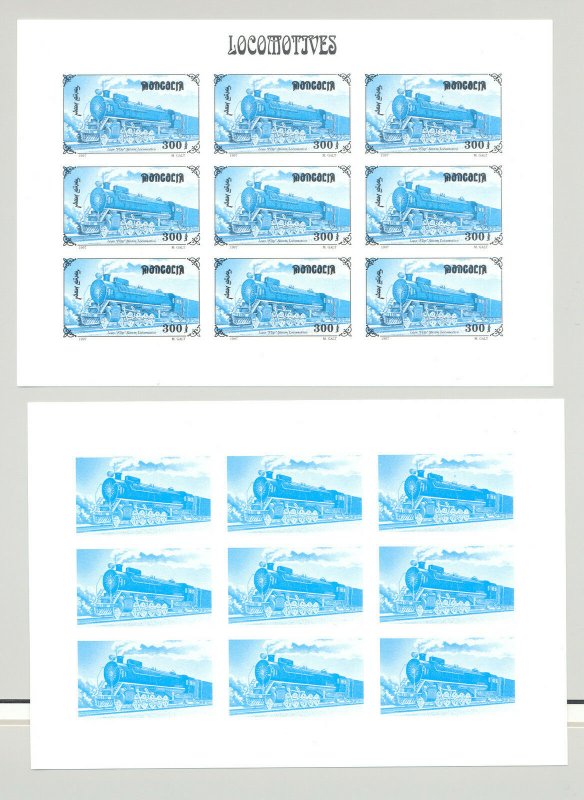 Mongolia #2255e Trains, Steam 1v Imperf M/S of 9 x 7v Progressive Proofs