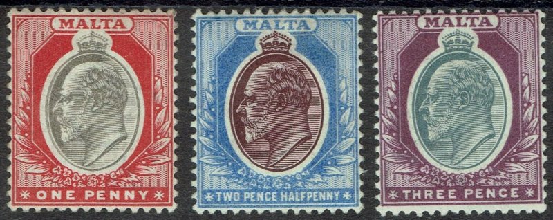 MALTA 1903 KEVII 1D 21/2D AND 3D WMK CROWN CA