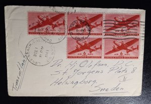 US Sc #C25 Postal Cover Airmail To Europe/ Sweden 1941 Cancel Block Of (4) +1 VF