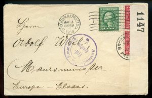 U.S. Scott 424 and 425 (2) Washington-Franklins on 1916 Censored Cover to Europe 