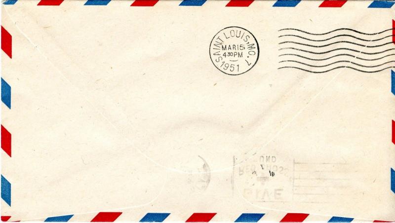 1951 Tulsa Ok To St Louis Mo Flt Rte A.M. 107 W/#803 5c Prexie & 1950 XMAS seal 