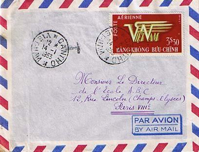 Vietnam 3.30P Viet Nam 1953 Cantho, Viet-Nam Airmail to Paris, France.  Short...