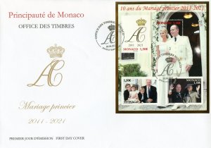 Monaco Royalty Stamps 2021 FDC Prince Albert II & Charlene Royal Marriage 4v M/S