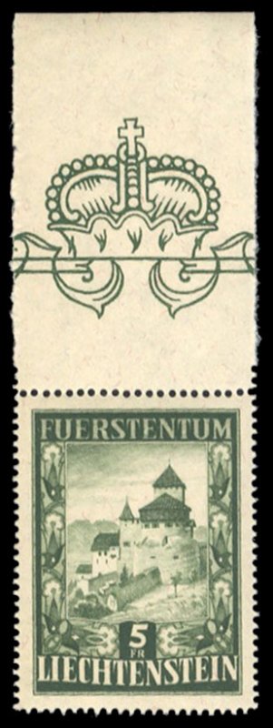 Liechtenstein #264 Cat$140, 1952 5fr deep green, sheet margin single, never h...